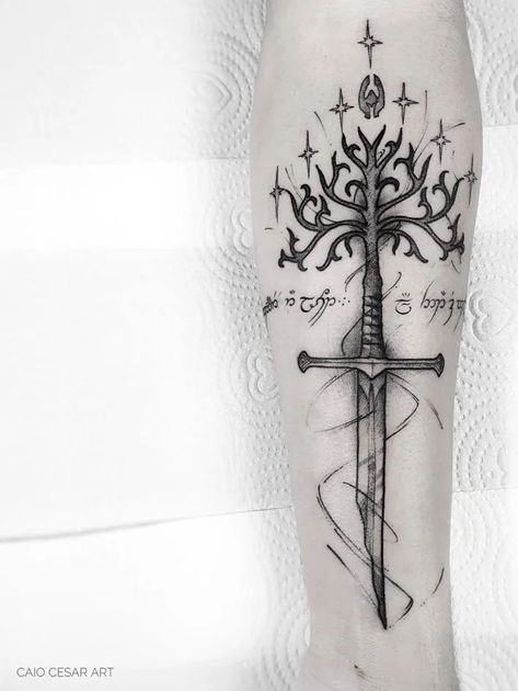 Tattoos Lord Of The Rings, Gondor Tattoo, Narsil Tattoo, Torso Tattoo Ideas, Elven Tattoo, Tree Of Gondor Tattoo, Lotr Tattoo Ideas, Rob Tattoo, Nordic Tattoos