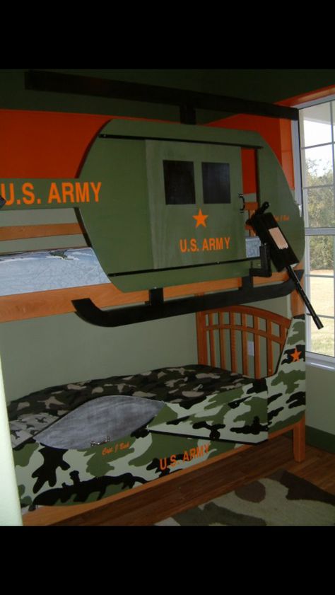 Tractor Bunk Bed, Fun Furniture Design, 30 Day Instagram Challenge, Boys Hunting Theme Beds, Boys Army Room, Military Kids Room, Jeep Bed, Military Bedroom, Army Bedroom