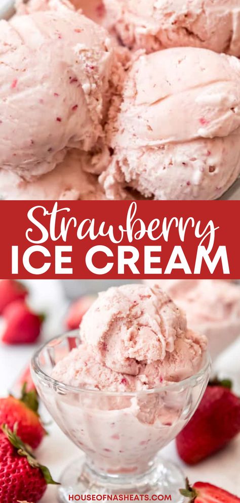 Homemade Strawberry Ice Cream is made with juicy ripe fruit and fresh cream for real strawberry flavor. It's perfectly creamy and scoopable thanks to the custard base. Enjoy this bright and sweet classic flavor on its own in cones, sundaes, milkshakes or ice cream sandwiches! This homemade strawberry ice cream recipe is sure to be one of those summer dessert ideas that pleases everyone at the party! | homemade strawberry ice cream churn | homemade strawberry ice cream maker No Churn Strawberry Ice Cream, Homemade Ice Cream Recipes Machine, Best Homemade Ice Cream, Homemade Strawberry Ice Cream, Strawberry Ice Cream Recipe, Ice Cream Recipes Machine, Strawberry Shortcake Ice Cream, Custard Ice Cream, Easy Ice Cream Recipe