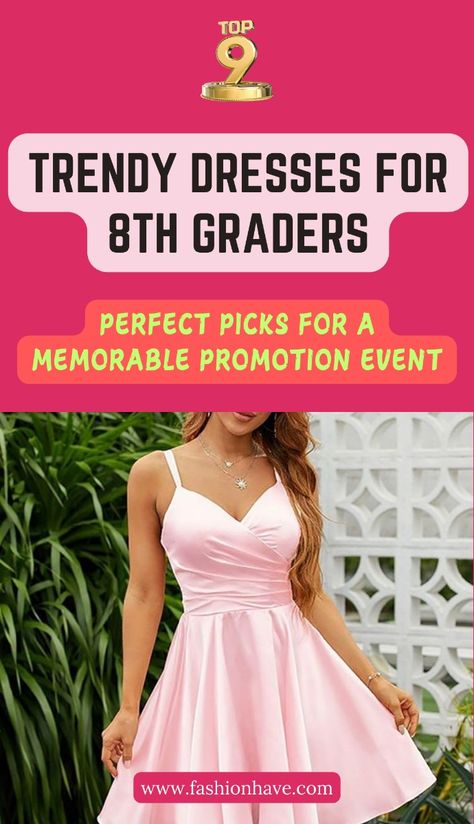 Get ready for an unforgettable promotion with these chic 8th-grade dresses. From trendy to timeless, these dresses offer just the right mix of fun and sophistication for your big night. With vibrant colors, flattering fits, and stylish details, you'll feel confident and look amazing while making lasting memories with friends. Middle School Semi Formal Dresses, School Dance Dresses Middle School, Grad 8 Grad Dresses, Graduation Dress Middle School 8th Grade, 8th Grade Dresses Graduation, 8th Grade Formal Dresses For Teens, Year 6 Graduation Dresses, Gr 8 Grad Dresses, Dance Dresses Middle School