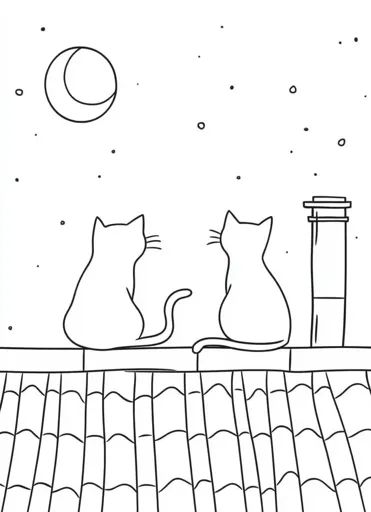 ↑↑↑ Larger size on website 🔸 Two cats sit side-by-side on a rooftop, their backs to the viewer. They are gazing up at a crescent Rooftop Drawing, Tall Chimney, Simple Line Drawing, Simple Line Drawings, Two Cats, Cat Sitting, The Night Sky, Side By Side, Night Sky