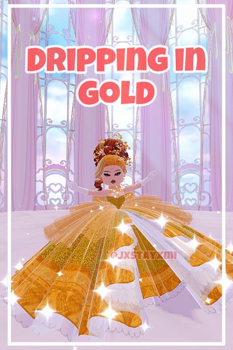 What should I do next? Comment your thoughts!! 💭💗 Royale High Dripping In Gold, Dripping In Gold Outfit Royal High, Dripping In Gold Outfit, Dripping In Gold Royale High, Outfit Themes, Royals High, Dripping In Gold, Sunset Island, Gold Outfit