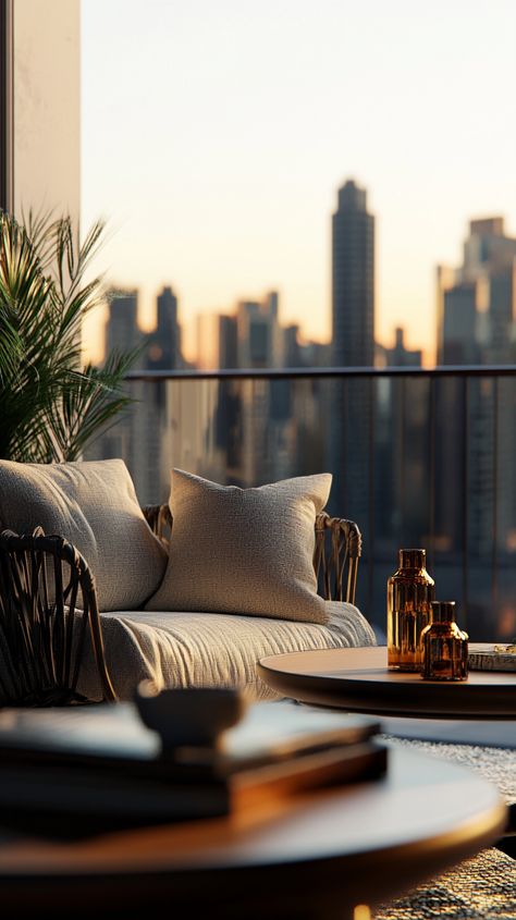 Stylish City Apartment with Skyline-View Balcony Balcony Aesthetic, Apartment Lifestyle, City View Apartment, Apartment Chic, Skyline View, City Views, City Apartment, Apple Wallpaper, Dream Board