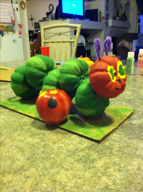 Storybook character pumpkin. The Very Hungry Caterpillar. Pumpkin Story, Book Character Pumpkins, Story Book Pumpkin, Pumpkins For Halloween, Character Pumpkins, Creative Pumpkin Decorating, Dekorasi Halloween, Pumpkin Books, Pumpkin Decorating Contest