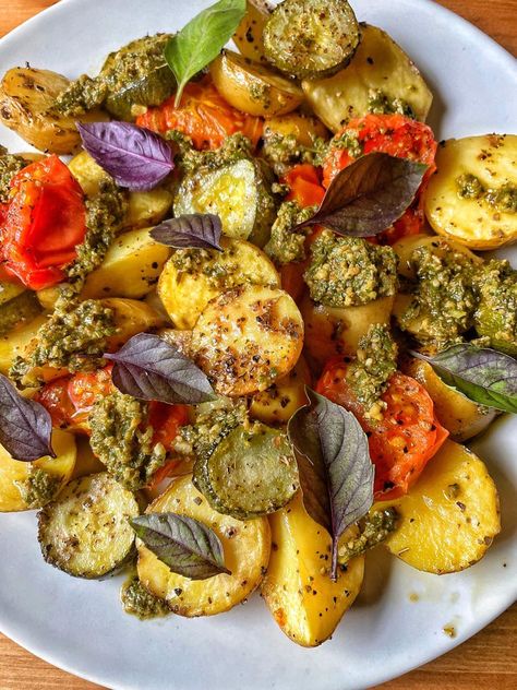 Roasted Vegetables with Pesto Pesto With Vegetables, Pesto Vegetables, Pesto Pasta With Vegetables, Roasted Veggies With Pesto, Pesto Roasted Vegetables, Pesto Potatoes Roasted, Pesto New Potatoes, Carrot Top Pesto Vegan, Pesto Potatoes