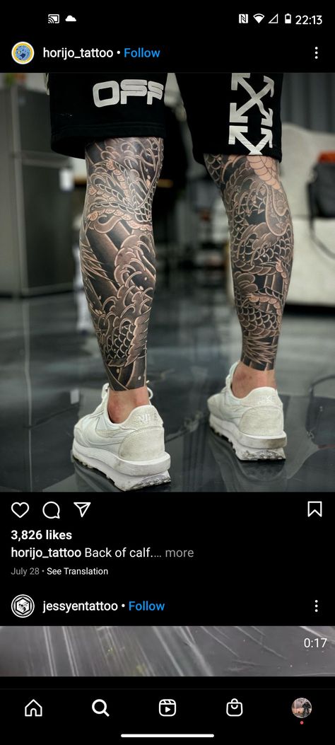 Calf Tattoo Japanese, Japanese Calf Tattoo Men, Japanese Leg Sleeve Tattoo Men, Black And White Japanese Tattoo, Calf Tattoo Men, Japanese Leg Tattoo, Japanese Legs, Full Leg Tattoos, Japanese Tattoos