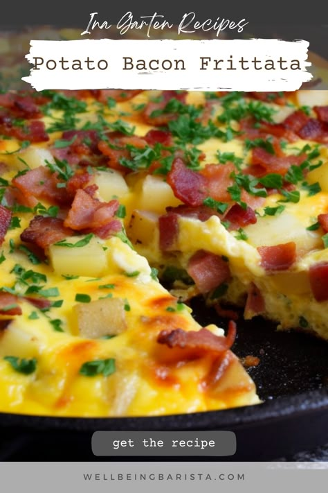 Start your day with a savory delight - Ina Garten's Potato Bacon Frittata! 🥔🥓 This easy frittata is packed with potatoes, crispy bacon, and cheesy goodness. Elevate your breakfast game with this mouthwatering recipe. 😋🍳 Perfect for a hearty breakfast or a weekend brunch. Get ready to impress your taste buds! Potato Bacon Quiche Food And Wine, Ina Garten Frittata Recipe, Ina Garten Breakfast Recipes, Frittata Recipes Bacon, Fritatta Recipe Breakfast, Breakfast Frittata Recipes, Cast Iron Frittata, Dollar Meals, Brunch Frittata