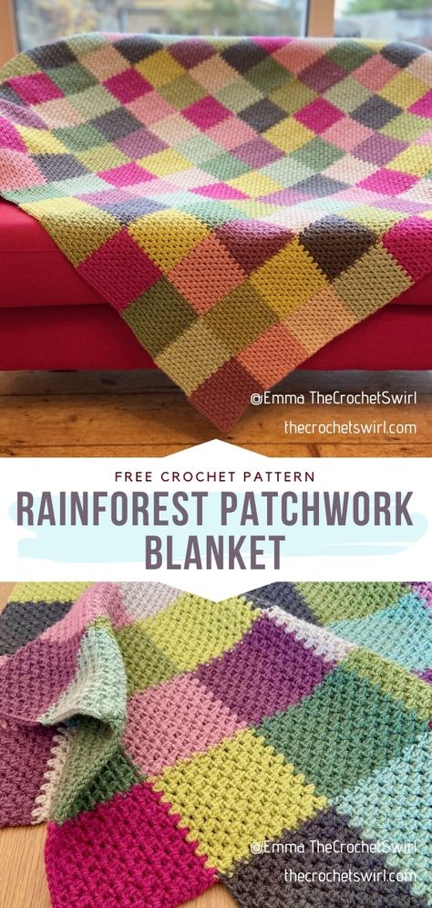 Rainforest Patchwork Blanket Free Crochet Pattern Simple and delightful! If you can't get enough crochet patterns for basic blankets and afghans, start following the work of designer Emma TheCrochetSwirl. #CrochetBlanket #FreeCrochetPattern Rainforest Crochet Patchwork Squares, Rainforest Crochet Blanket, Rainforest Crochet Patchwork Squares Blanket, Vertical Striped Crochet Blanket, Crocheted Patchwork Blanket, Scrap Wool Crochet Blanket, Easy C2c Crochet Blanket, Colorblock Crochet Blanket, Scrap Blanket Crochet Free Pattern