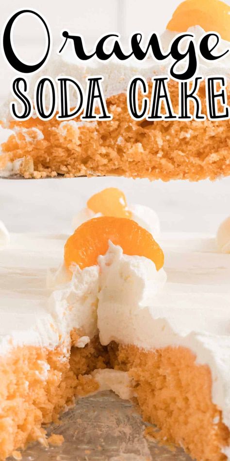 If you are looking for an easy and delicious cake recipe then you are going to love this Orange soda cake, also sometimes referred to as an orange crush soda cake. Made with a box of cake mix and orange soda this soda cake is a family favorite. This soda cake recipe is made with 2 simple ingredients including a can of soda and boxed cake mix. Orange Soda Cake Recipe, Orange Soda Cake, Cakes Made With Soda, Orange Desserts Easy, Orange Crush Cake, Soda Cake Recipe, Orange Cream Cake, Cake Mix And Soda, Candied Orange Slices