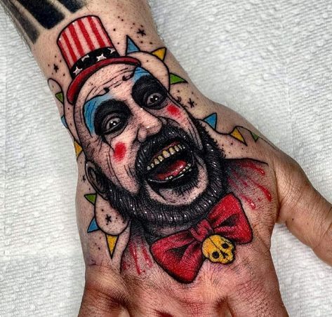 Devils Rejects Tattoo Ideas, Casket Tattoo, Black Casket, Horror Tattoo Ideas, Evil Clown Tattoos, Zombie Tattoos, Monster Tattoo, Tarot Tattoo, Clown Tattoo