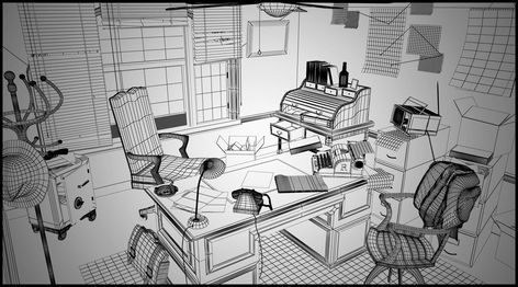 ArtStation - 70's Detective Office, Anton Freixas Office Drawing References, Noir Character Design, Detective Drawing, Detective Room, Noir Office, Noir Character, Detective Office, 2 Point Perspective Drawing, Noir Detective