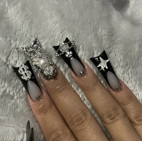 Grey And Black Nails Designs, Goth Duck Nails, Black Emo Nails, Gothic Duck Nails, Duck Nails Y2k Black, Black And Silver Duck Nails, Black Junk Nails, Goth Acrylic Nails With Charms, Black Acrylic Nails With Cross Charm