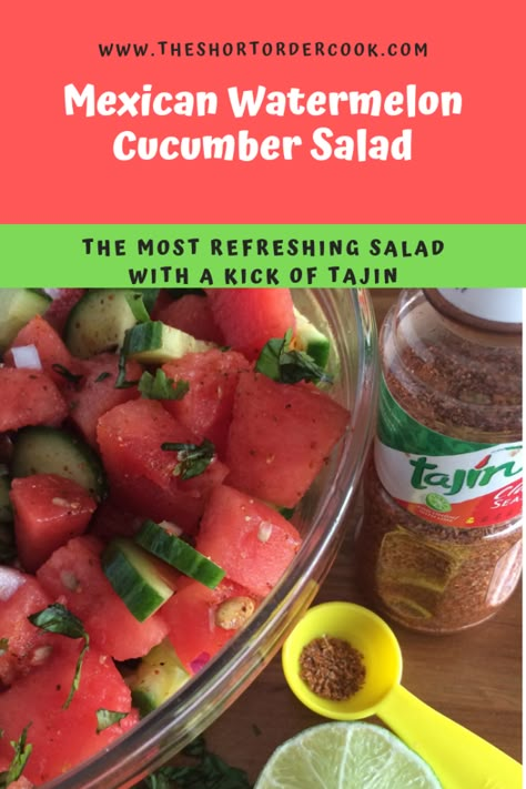 Tajin Cucumber Salad, Watermelon Tajin Salad, Cucumber Tajin Snack, Mexican Watermelon Salad, Watermelon And Cucumber Salad, Mexican Watermelon, Cucumber Watermelon Salad, Fruit Sides, Watermelon Cucumber Salad