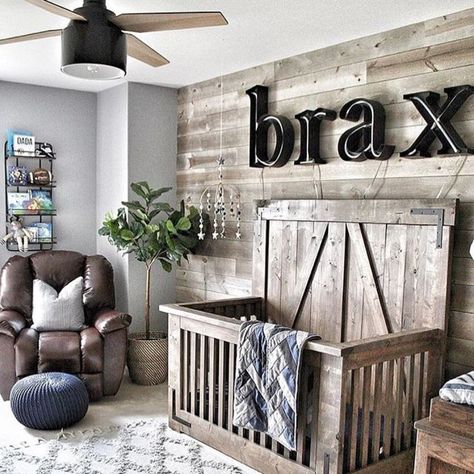 Rustic Baby Boy Nursery with Plank Wall Rustic Baby Boy Nursery, Baby Nursery Inspiration, Baby Boy Room Nursery, Rustic Nursery, Plank Walls, Baby Planning, Baby Room Design, Rustic Baby, Nursery Baby Room