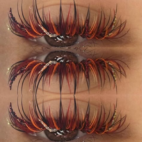 Red And Orange Lash Extensions, Orange Eyelash Extensions, Fall Lash Extensions, Fun Lash Extensions, Thanksgiving Lashes, Halloween Eyelash Extensions, Creative Lash Extensions, Colorful Lash Extensions, Halloween Lash Extensions