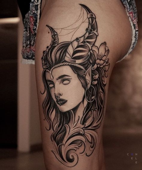 Pretty Taurus Tattoo, Dark Taurus Tattoo, Neo Traditional Taurus Tattoo, Taurus Lady Tattoo, Tattoo For Taurus Women, Taurus Goddess Tattoos For Women, Taurus Woman Tattoo, Taurus Girl Tattoo, Taurus Moon Tattoo