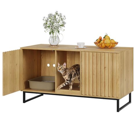 PRICES MAY VARY. 【MULTIFUNCTIONAL CAT LITTER BOX ENCLOSURE】: The natural color hidden cat litter box furniture is perfect for home decoration, not only can be used as a cat house or cat litter box to provide a warm and cozy environment for cats, but also can be used as a side table, TV stand, nightstand, bench, and blend in with your home. The spacious tabletop can also be used to place some living items, such as cat supplies, flower pots, books, and table lamps. 【DOUBLE ROOM DESIGN】:Our litter Ways To Hide Litter Boxes, Hidden Laundry Rooms, Ikea Cat, Hiding Cat Litter Box, Modern Pet Furniture, Cat Cabinet, Hidden Litter Boxes, Cat Houses Indoor, Cat Litter Box Enclosure