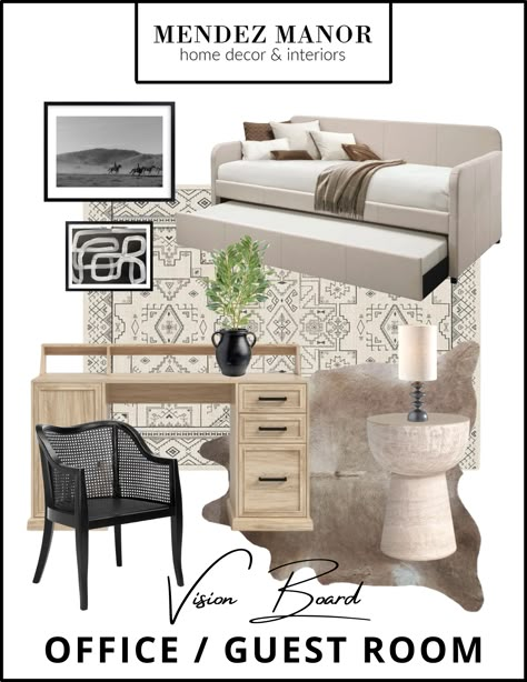 One of the design challenges that I really enjoy is creating a space that’s as stylish as it is live-able! Sometimes we need our spaces to perform double duty, like in this multipurpose office/guest room design! This type of room offers the best of both worlds, serving as a functional workspace and a comfortable retreat for your guests. Organic Modern Daybed, Offices With Daybeds And Desks, Trundle Guest Bedroom Ideas, Bedroom With Daybed Layout, Day Bed Guest Room Office, Daybed And Office Room Ideas, Daybed Styling Ideas Office, Small Office With Bed, Home Office With Day Bed