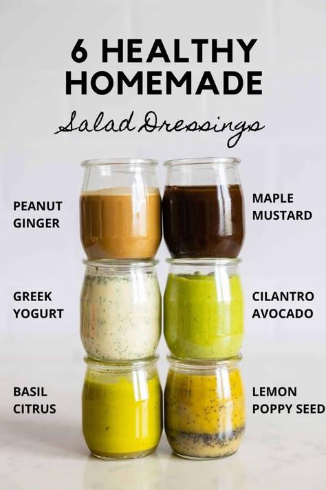 Six simple homemade Healthy Salad Dressing recipes to make your salads not only delicious but EPIC! From sweet to tangy to creamy, there’s a flavor for everyone. All made with 100% clean ingredients. Healthy Dressing Recipes, Homemade Salad Dressing Healthy, Best Salad Dressing, Healthy Dressing, Homemade Salad Dressings, Salad Dressing Recipes Healthy, Salad Recipe Ideas, Resep Salad, Cilantro Lime Dressing