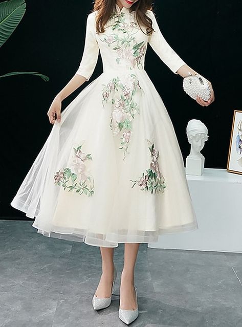 Silhouette:A-Line; Hemline / Train:Tea Length; Closure:Zipper UP; Built-In Bra:Yes; Embellishment:Appliques; Fabric:Tulle; Sleeve Length:Half Sleeve; Tips:Professional dry cleaner only,Colors may vary slightly due to different monitor settings; Boning:Yes; Style:Elegant,Floral; Occasion:Cocktail Party,Party Wear; Neckline:Stand Collar; Brand:LAN TING Express; Front page:Cocktail Dresses; Listing Date:06/22/2021; Bust:; Hips:; Waist:; SizeChart1_ID:20:170808 Cocktail Dress Elegant, Cheap Prom Dresses Online, Tea Length Tulle, Cheap Party Dresses, A Line Cocktail Dress, Party Dresses Online, Dress Wedding Guest, Party Kleidung, Dress Stand