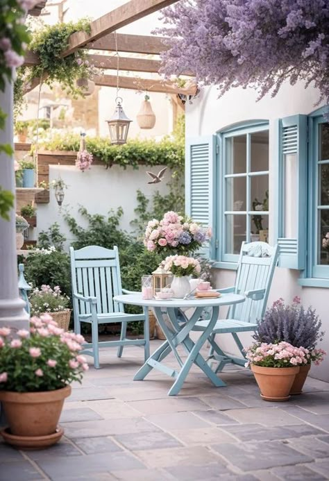 Concrete Patio Ideas, Pastel Interior Design, Cottage Patio, Concrete Patio Designs, Mini Moderns, Patio Inspiration, Deco Boheme, Charming Garden, Cozy Farmhouse