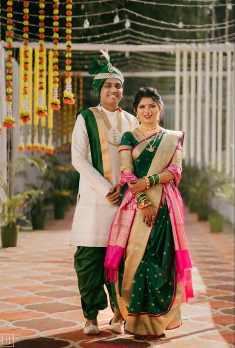 Green Saree Bride And Groom, Maharashtrian Haldi Couple Outfits, Saptapadi Look For Bride And Groom, Marathi Groom Outfit, Shalu Saree Maharashtrian, Maharashtrian Wedding Couple Outfits, Maharashtrian Bride And Groom Outfits, Peshwai Look For Wedding Couple, Marathi Bride And Groom Outfits