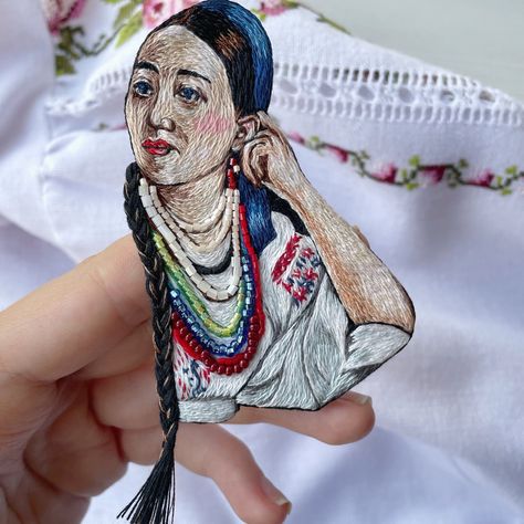 Handmade brooch Portrait of a girl in an embroidered dress Embroidery with threads handmade jewelry Gift for mom, gift for friend Embroidered Earrings, Embroidered Portrait, Dress Embroidery, Embroidery Jewelry, Handmade Jewelry Gift, Brooches Handmade, Gift For Friend, Embroidery Dress, Art Stuff