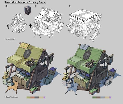 ArtStation - Design of 'Town Mish' -Medieval Grocery Stores, Eunju Park Isometric Environment, Cartoon Building, Concept Art Gallery, Props Concept, Environment Props, Props Art, Drone Design, Game Environment, Game Props