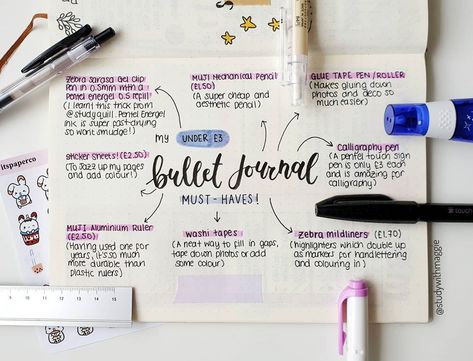 maggie ✨ on Instagram: “My cheap bullet journal essentials, what are yours?🥰 this page is inspired by @nohnoh.studies and her under $10 bullet journal essentials.…” Journal Materials List, Bullet Journal Materials, Journal Essentials, Journal Materials, Bullet Journal Essentials, Pentel Energel, Glue Tape, Bullet Journaling, Instagram Profile