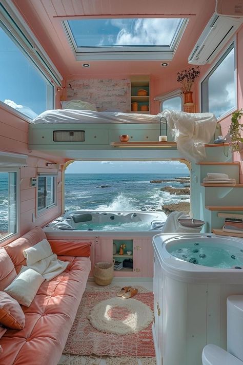 Best Friend House Goals, Barbie Dream House Bedroom, Pink Beach Aesthetic Room, Pink Aesthetic Room Bunk Bed, Beach View Bedroom Aesthetic, Barbie Malibu Dream House Airbnb, Cute Beach House, Pool Bedroom, Tiny Beach House