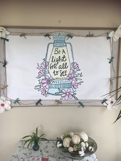 Used chalk to paint the lantern. 8/2/18 Lantern Bulletin Board, Prayer Service, Church Bulletin Boards, Church Bulletin, Door Decorations Classroom, School Bulletin Boards, Class Decoration, Bulletin Boards, Classroom Organization