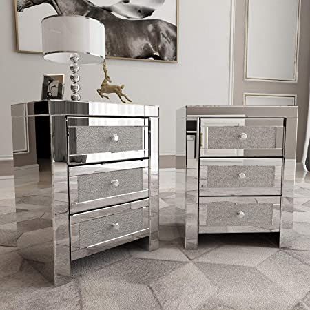 AmazonSmile: Mecor Mirrored end Table 3 Drawers Mirror Accent Side Table Silver Finished Nightstand Set of 2 for Bedroom, Living Room (Crystal Silver) : Home & Kitchen Silver Bedside Table, Glass Nightstand, Mirror Bedside Table, Silver Side Table, Silver Bedroom, Mirrored End Table, Drawing Room Decor, Living Room Table Sets, Glam Bedroom