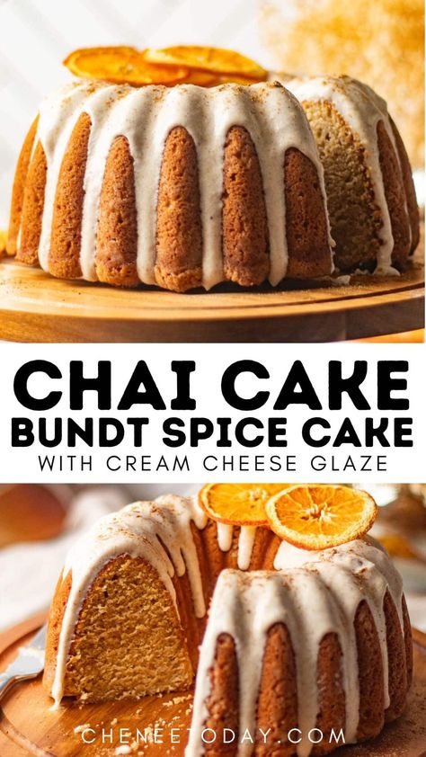 Brown sugar vanilla chai cake recipe - masala chai spiced bundt cake recipe with brown butter cream cheese glaze! The best desserts are easy, and this chai cake is one of my favorite cake flavors! It's perfect for Thanksgiving, Christmas, and fall baking! Bundt Spice Cake, Brown Sugar Chai Cake, Fall Bundt Cake Recipes, Chai Spice Cake Recipe, Chai Spice Bundt Cake, Chai Bundt Cake, Vanilla Chai Cake, Chai Cake Recipe, Spiced Bundt Cake