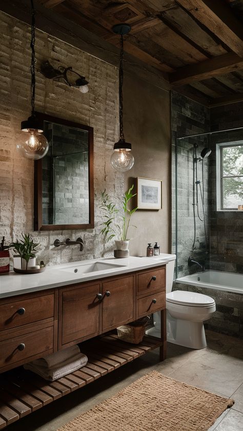 Transform your interiors with our chic decor ideas and luxe inspirations. Explore stylish trends and elegant solutions to create a sophisticated home. #HomeDecor #DesignTrends #LuxeStyle Rustic Interior Aesthetic, Painted Bathroom Cabinets, Eclectic Western, Cowboy Bathroom, Earthy Bathroom, Brick Wall Decor, Gothic Bathroom, Brick Interior Wall, Sophisticated Home