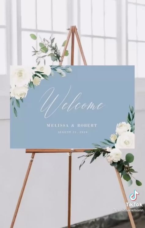 Baby Blue Wedding Theme, Sky Blue Weddings, Baby Blue Weddings, Blue Wedding Decorations, Blue White Weddings, Wedding Welcome Board, Welcome Board, Light Blue Wedding, White Floral Design