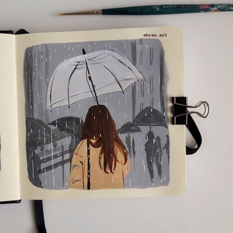 Aesthetic Small Paintings, Art Esthetics, Line Art Drawings Aesthetic, Guache Painting Ideas, Girl In The Rain, Rain Painting, Boho Art Drawings, Beautiful Art Paintings, Canvas Painting Designs