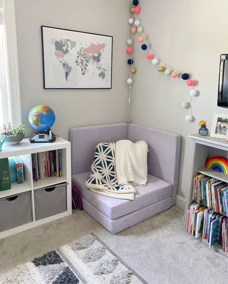 Reading Corner Playroom Ideas, Nugget Corner Couch, Nugget Couch Corner Ideas, Nugget Couch Corner, Nugget In Bedroom, Play Couch Reading Nook, Nugget Couch Reading Corner, Nugget Room Ideas, Nugget Couch Bedroom