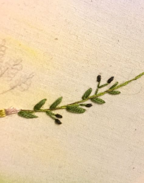 Hand embroidery of olive branches. So tiny! The olives are the size of mustard seeds. I had fun making them. Follow me on Instagram! @kim_broidery Olive Leaf Embroidery, Embroidery Olive Branch, Tiny Leaf Embroidery, Olive Branch Embroidery, Embroidery Branch, Pagan Veiling, Olive Embroidery, Jean Embroidery, Creative Juice