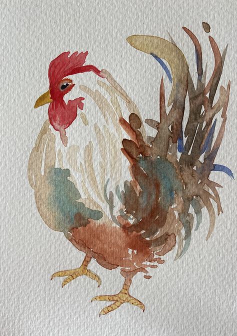 Simple Chicken Painting, Rooster Painting Easy, Watercolor Chickens, Watercolor Roosters, Watercolor Art Chicken, Watercolor Farm Animals, Pen And Ink Drawings With Watercolor, Watercolor Animals Simple, Watercolor Chickens Easy