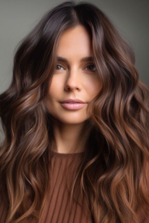 Warm Cinnamon Hair Color, Coffee Highlights Hair, Iced Chocolate Hair Color, Red Hair For Olive Skin Tone, Choc Brown Hair, Partial Balayage Brunettes, Warm Brunette Hair Color, Cinnamon Hair Colors, Dimensional Hair