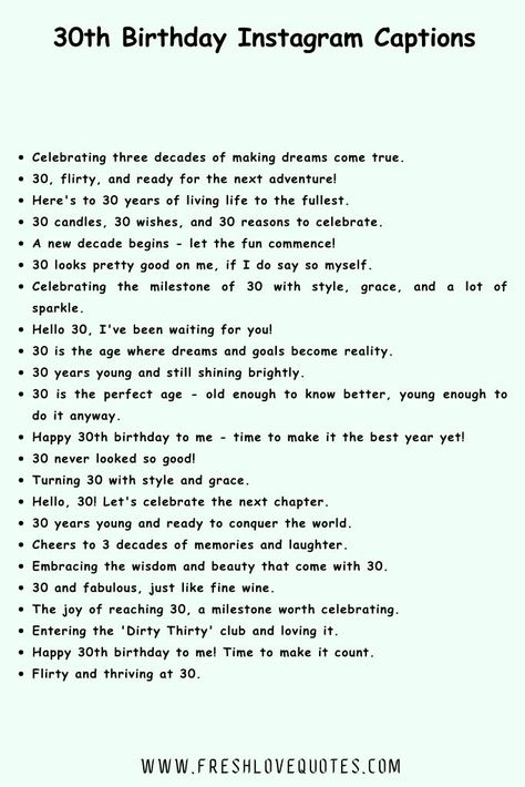 200+ Best 30th Birthday Instagram Captions Instagram 30th Birthday Captions, 30th Birthday Checklist, 30th Captions Instagram, 30 Birthday Quotes Woman, 30 Birthday Instagram Captions, 30th Birthday Phrases, Turning 30 Captions, My 30th Birthday Quotes, 30th Birthday Ig Caption