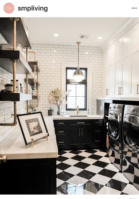 Checkered Floor, White Laundry Rooms, Laundry Room Ideas Small Space, White Laundry, Laundry Room Inspiration, Black And White Tiles, Small Laundry Rooms, Understairs Storage, White Floors