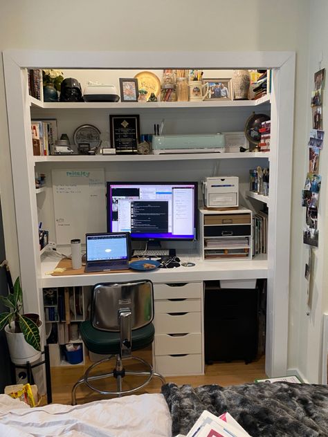 Converted an extra closet to a home office for working from home! Closet Computer Space, Computer Desk In Closet, Closet Converted To Desk, Office With Futon And Desk, Closet Converted To Office, Desk Inside Closet, Home Office With Futon, Office With Futon, Closet Into Office