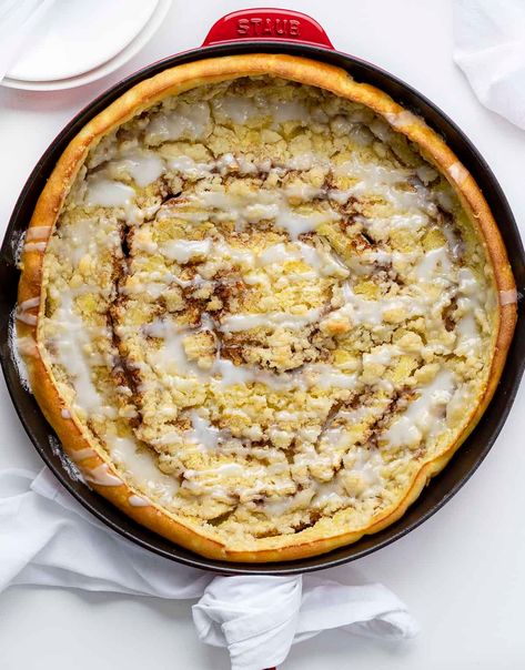 Cinnamon Sugar Dutch Baby - i am baker Paleo Dutch Baby, Cinnamon Roll Dutch Baby, Baby Pancakes, Sweet Glaze, Dutch Baby Pancake, I Am Baker, Dutch Baby, Crumble Topping, Breakfast At Tiffanys