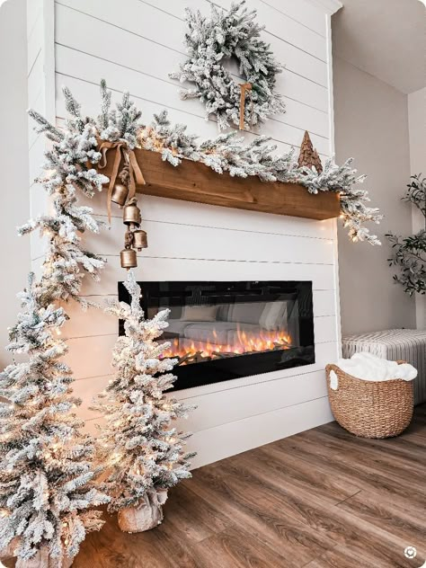 White Garland Christmas Fireplace, Flocked Tree With Garland, Flocked Christmas Garland Mantle, Floating Mantle Christmas Decor, Flocked Garland Stairs, Flocked Christmas Decor, Flocked Mantle Garland, Flocked Garland Decorating Ideas, Flocked Wreath Ideas