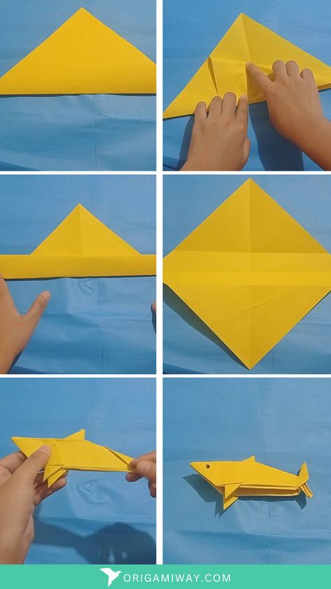 A yellow paper origami shark Origami Shark Tutorial, Shark Art And Craft, Shark Origami Easy, Shark Origami, Origami Workshop, Shark Diy, Paper Shark, Shark Week Crafts, Shark Crafts