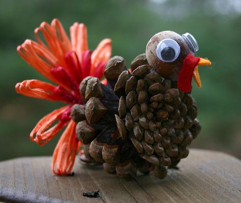 up close pic of my pinecone turkeys made with acorn heads and vintage Swistraw ribbon flower tails Pinecone Turkey, Turkey Decor, Pine Cone Art, Turkey Crafts, Turkey Craft, Thanksgiving Crafts For Kids, Cones Crafts, Pine Cone Crafts, Thanksgiving Crafts