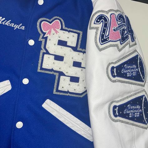 Follow us on IG @somethingstocheerabout to place your order we ship! Cheer letterman jacket chenille patches rhinestones glitter Cheer Letterman Jacket Ideas, Varsity Cheer Jacket, Blue Letterman Jacket Aesthetic, College Varsity Jacket With Letter Patch, Cheer Letterman Jacket, Letterman’s Jacket Ideas, Cheerleading Letterman Jackets, Letterman Jacket Pictures, Letterman Jacket Ideas