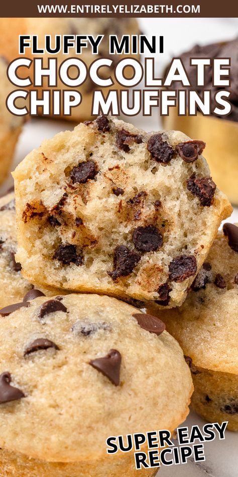 Satisfy your cravings with these super fluffy mini chocolate chip muffins that are soft, buttery, and loaded with chocolatey flavor - perfect for an on-the-go breakfast or snack. This easy muffin recipe needs just 11 ingredients and bakes up 24 mini muffins in under 40 minutes. Mini Oatmeal Chocolate Chip Muffins, Mini Choc Chip Muffins, Easy Choc Chip Muffin Recipe, Homemade Mini Chocolate Chip Muffins, Banana Choc Chip Mini Muffins, Entirely Elizabeth, Easy Muffin Recipe, Chocolate Chip Marshmallow Cookies, Mini Muffin Recipe