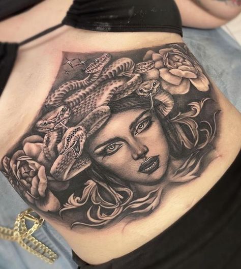 Meaningful Stomach Tattoos, Female Stomach Tattoos, Stomach Tattoos For Women, Female Stomach, Stomach Tattoos Women, Chest Piece Tattoos, Medusa Tattoo, Stomach Tattoos, Seeing Eye